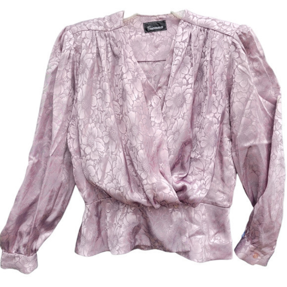 Vintage Gianna Pink Shiny Floral Drape Front Peplum Waist Puff‎ Shoulder Blouse